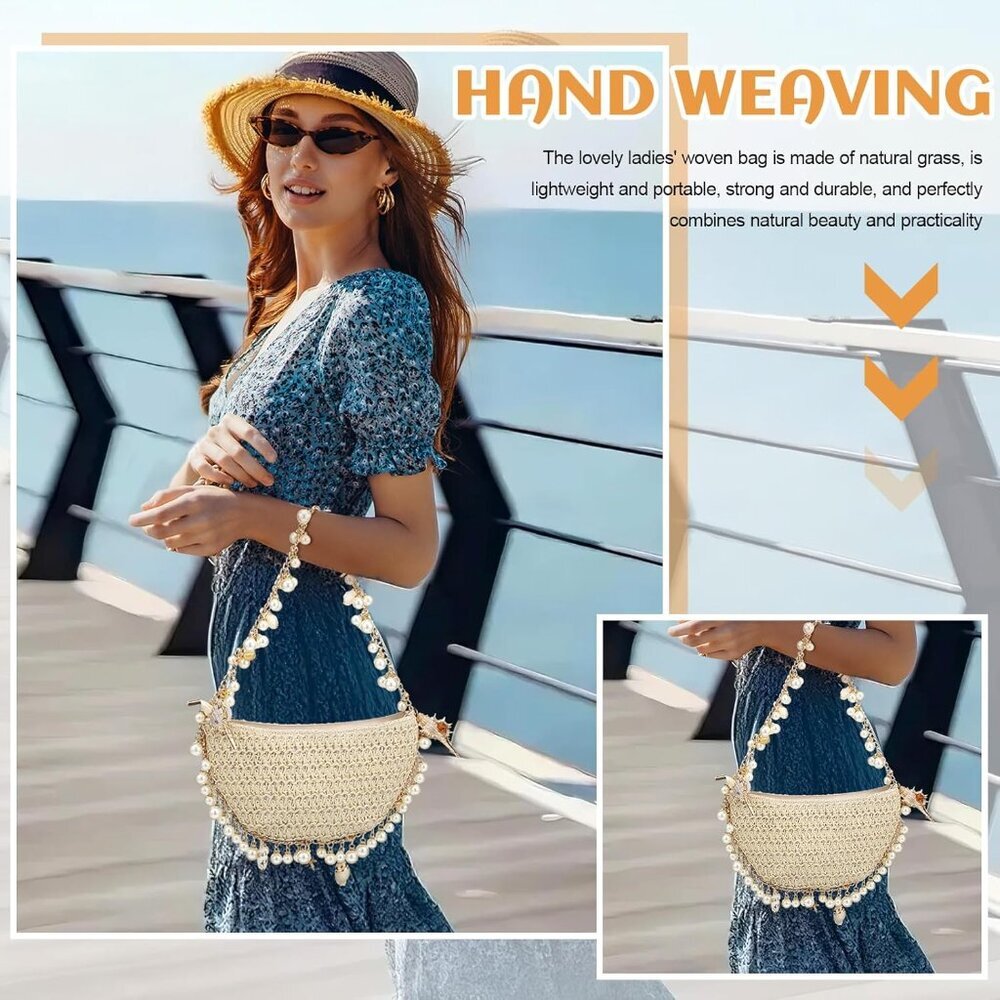 Chic Cloud Dumpling Straw Handbag With Pearl Stra… - image 4